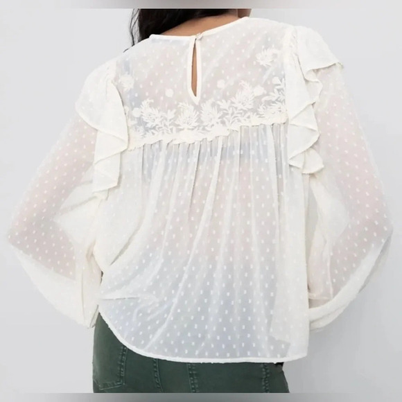 🌻Zara Sheer Ivory Long Sleeve Swiss Dot Blouse Women’s size Small cottagecore - Picture 4 of 7
